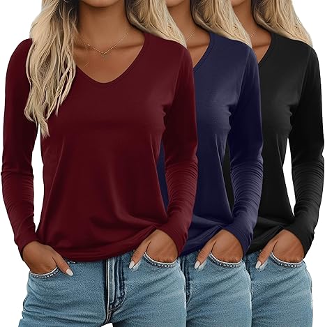 Paquete de 3 camisetas de manga larga para mujer, cuello en V, camisetas básicas de otoño, casuales, modernas, holgadas, ropa suave