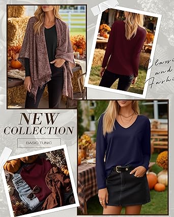 Paquete de 3 camisetas de manga larga para mujer, cuello en V, camisetas básicas de otoño, casuales, modernas, holgadas, ropa suave