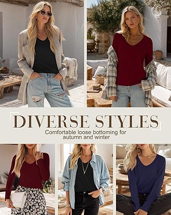 Paquete de 3 camisetas de manga larga para mujer, cuello en V, camisetas básicas de otoño, casuales, modernas, holgadas, ropa suave