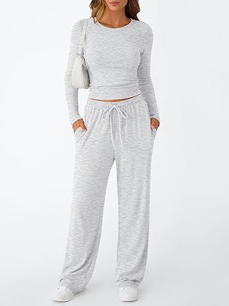 Conjunto de 2 piezas a juego para mujer, conjunto informal de ombliguera de manga larga y pantalones de pierna ancha