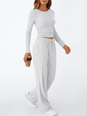 Conjunto de 2 piezas a juego para mujer, conjunto informal de ombliguera de manga larga y pantalones de pierna ancha
