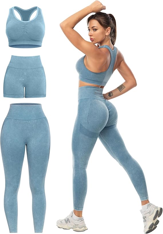 Conjuntos de entrenamiento de 3 piezas para mujer, leggings con levantamiento de glúteos con brasier deportivo de alto impacto, pantalones cortos de gimnasio