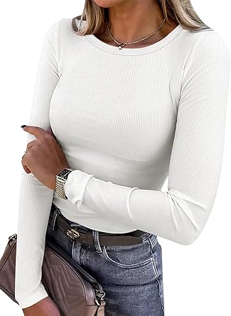 Camisetas de manga larga para mujer, de punto acanalado, ajustadas, básicas, 2025, informales, para usar a capas o debajo del uniforme en el otoño